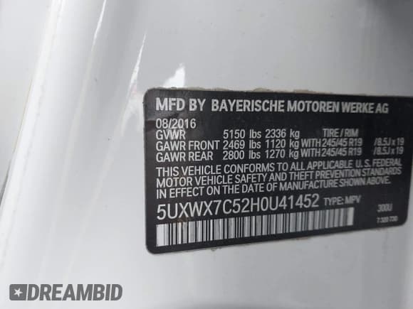 ✅ 2017 BMW X3 xDrive35i • VIN: 5UXWX7C52H0U41452 • Lot: 43568323. Listed on IAAI with 113,982 mi. Free auction sales archive from the USA and detailed vehicle history report at DreamBid. Image 9.