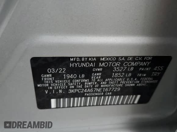 2022 Hyundai Accent SE с VIN 3KPC24A67NE167729, выставлен на аукционе Copart как лот 82783215 с пробегом 19 905 миль миль и Списание • Salvage title. История ставок и продаж доступна на DreamBid. Изображение 12.
