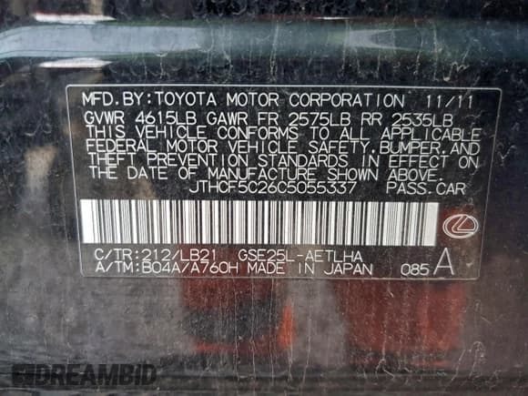 ✅ 2012 Lexus IS 250 • VIN: JTHCF5C26C5055337 • Lot: 92604055. Listed on Copart with 116,159 mi. Free auction sales archive from the USA and detailed vehicle history report at DreamBid. Image 12.