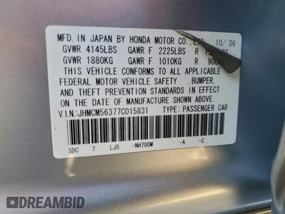 ✅ 2007 Honda Accord LX SE • VIN: JHMCM56377C015831 • Lot: 94839525. Listed on Copart with 273,220 mi. Free auction sales archive from the USA and detailed vehicle history report at DreamBid. Image 12.
