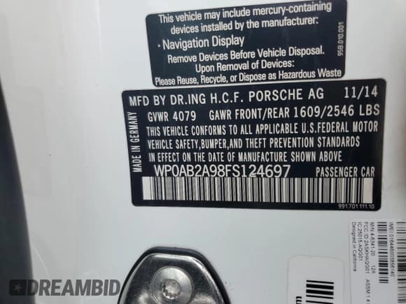 ✅ 2015 Porsche 911 Carrera S • VIN: WP0AB2A98FS124697 • Lot: 58403655. Listed on Copart with 19,837 mi. Free auction sales archive from the USA and detailed vehicle history report at DreamBid. Image 12.