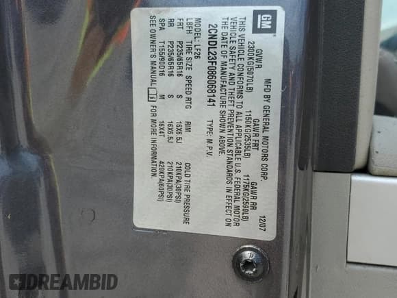 ✅ 2008 Chevrolet Equinox LS • VIN: 2CNDL23F086068141 • Лот: 59675655. Опубликован ранее на Copart с пробегом 145 827 миль. Бесплатный доступ к архиву аукционных продаж из США и подробный отчёт об истории автомобиля на DreamBid. Изображение 14.