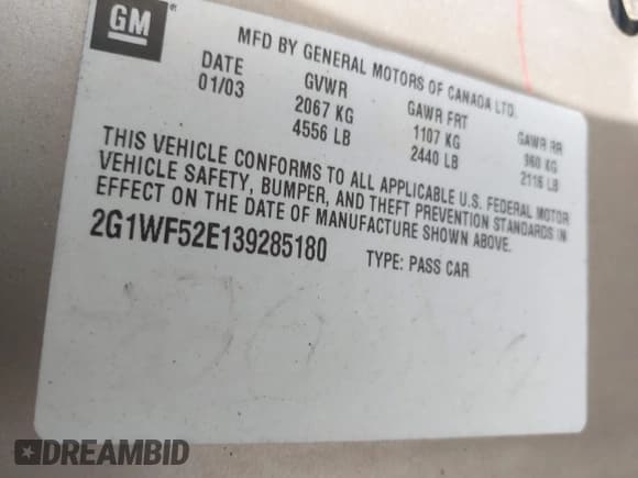 ✅ 2003 Chevrolet Impala • VIN: 2G1WF52E139285180 • Lot: 43316612. Listed on IAAI with 107,107 mi. Free auction sales archive from the USA and detailed vehicle history report at DreamBid. Image 9.