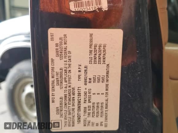 1998 Chevrolet Blazer LT с VIN 1GNDT13W3W2139171, выставлен на аукционе Copart как лот 50983195 с пробегом 157 580 миль миль и Чистый • Clean title. История ставок и продаж доступна на DreamBid. Изображение 13.