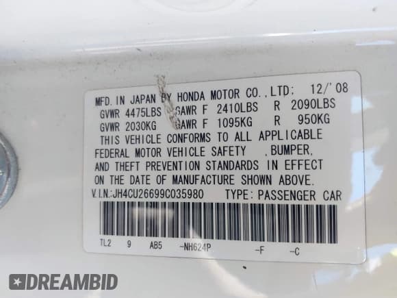 ✅ 2009 Acura TSX • VIN: JH4CU26699C035980 • Lot: 43881376. Listed on IAAI with 179,049 mi. Free auction sales archive from the USA and detailed vehicle history report at DreamBid. Image 9.