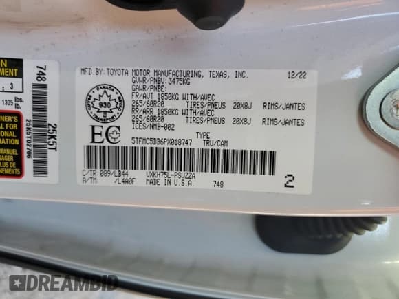 ✅ 2023 Toyota Tundra 1794 Edition • VIN: 5TFMC5DB6PX018747 • Lot: 70780725. Listed on Copart with 135,847 mi. Free auction sales archive from the USA and detailed vehicle history report at DreamBid. Image 13.