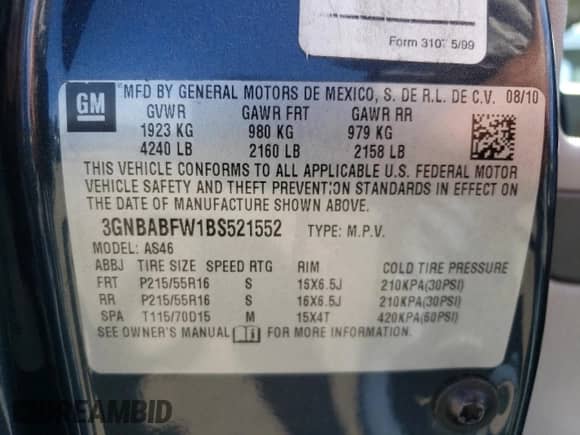 2011 Chevrolet HHR 1LT с VIN 3GNBABFW1BS521552, выставлен на аукционе Copart как лот 61574564 с пробегом 174 315 миль миль и Списание • Salvage title. История ставок и продаж доступна на DreamBid. Изображение 12.