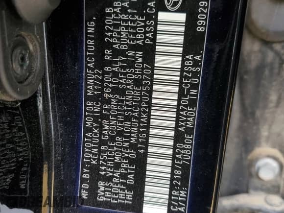 2023 Toyota Camry SE с VIN 4T1G11AK2PU753707, выставлен на аукционе Copart как лот 85533065 с пробегом 79 568 миль миль и Чистый • Clean title. История ставок и продаж доступна на DreamBid. Изображение 12.