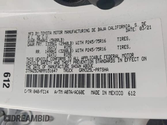 ✅ 2021 Toyota Tacoma SR5 • VIN: 3TMAZ5CN0MM151647 • Lot: 41309352. Listed on IAAI with 128,181 mi. Free auction sales archive from the USA and detailed vehicle history report at DreamBid. Image 9.