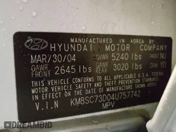 2004 Hyundai Santa Fe GLS z VIN KM8SC73D04U757742, wystawiony jako Copart lot #43533645 z przebiegiem 201 124 mil mil oraz Szkoda całkowita • Salvage title. Historia ofert i sprzedaży dostępna na DreamBid. Obrazek 13.