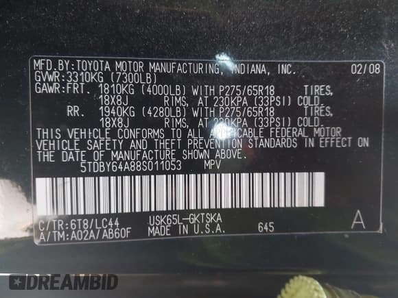 ✅ 2008 Toyota Sequoia SR5 • VIN: 5TDBY64A88S011053 • Lot: 42353990. Listed on IAAI with 226,478 mi. Free auction sales archive from the USA and detailed vehicle history report at DreamBid. Image 9.