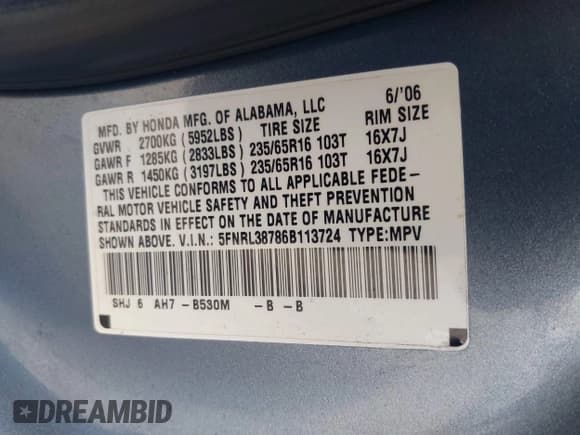 ✅ 2006 Honda Odyssey EX-L • VIN: 5FNRL38786B113724 • Lot: 43684169. Listed on IAAI with 180,565 mi. Free auction sales archive from the USA and detailed vehicle history report at DreamBid. Image 9.