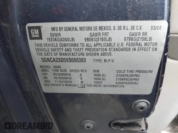 ✅ 2008 Chevrolet HHR LT • VIN: 3GNCA23D58S666383 • Lot: 43005845. Listed on IAAI with 69,609 mi. Free auction sales archive from the USA and detailed vehicle history report at DreamBid. Image 9.