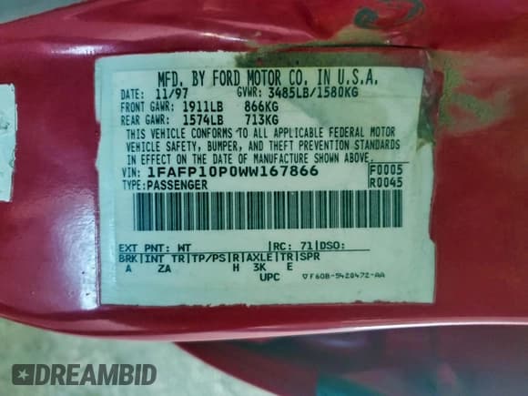 ✅ 1998 Ford Escort LX • VIN: 1FAFP10P0WW167866 • Лот: 94437295. Опубликован ранее на Copart с пробегом 191 451 миль. Бесплатный доступ к архиву аукционных продаж из США и подробный отчёт об истории автомобиля на DreamBid. Изображение 12.