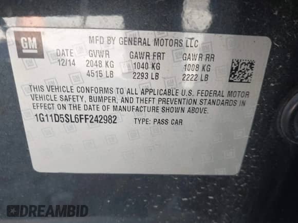 ✅ 2015 Chevrolet Malibu LT • VIN: 1G11D5SL6FF242982 • Lot: 43490246. Listed on IAAI with 176,183 mi. Free auction sales archive from the USA and detailed vehicle history report at DreamBid. Image 9.