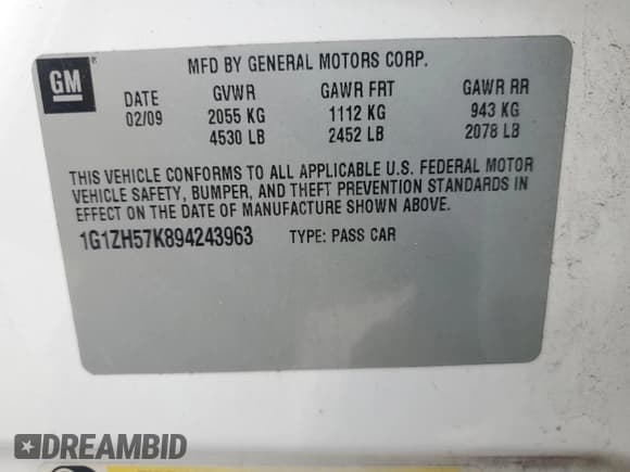 ✅ 2009 Chevrolet Malibu 1LT • VIN: 1G1ZH57K894243963 • Lot: 58562084. Listed on Copart with 174,312 mi. Free auction sales archive from the USA and detailed vehicle history report at DreamBid. Image 12.