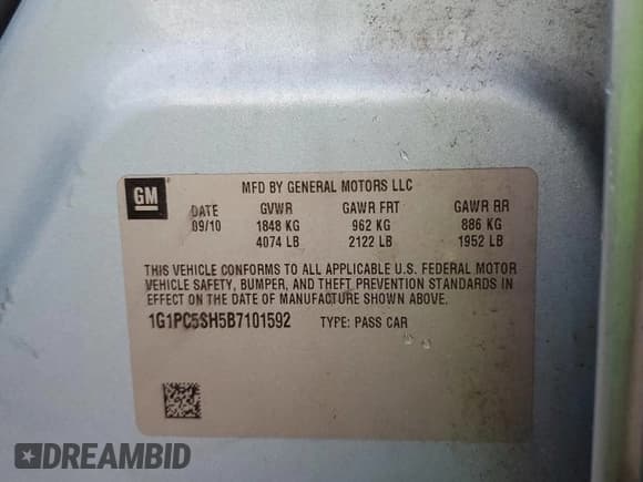 ✅ 2011 Chevrolet Cruze LS • VIN: 1G1PC5SH5B7101592 • Lot: 87284085. Listed on Copart with 166,444 mi. Free auction sales archive from the USA and detailed vehicle history report at DreamBid. Image 12.