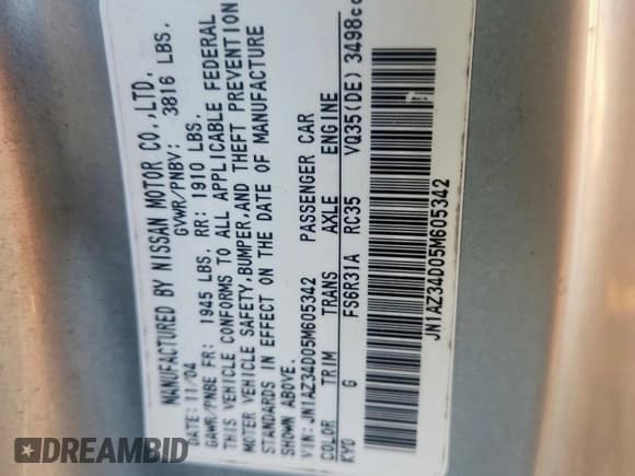 ✅ 2005 Nissan 350Z • VIN: JN1AZ34D05M605342 • Лот: 69046905. Опубликован ранее на Copart с пробегом 84 516 миль. Бесплатный доступ к архиву аукционных продаж из США и подробный отчёт об истории автомобиля на DreamBid. Изображение 12.