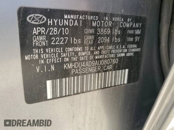 2010 Hyundai Elantra GLS z VIN KMHDU4AD9AU080760, wystawiony jako Copart lot #71157934 z przebiegiem 55 719 mil mil oraz Nie do naprawy • Non repairable. Historia ofert i sprzedaży dostępna na DreamBid. Obrazek 12.