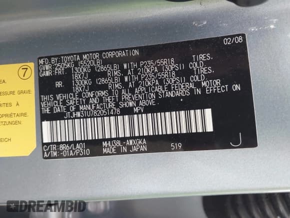 ✅ 2008 Lexus RX 400h • VIN: JTJHW31U782051478 • Lot: 43800579. Listed on IAAI with 223,982 mi. Free auction sales archive from the USA and detailed vehicle history report at DreamBid. Image 9.