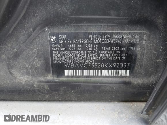 ✅ 2008 BMW 3 Series 328xi • VIN: WBAVC73528KX92033 • Lot: 42888136. Listed on IAAI with 131,341 mi. Free auction sales archive from the USA and detailed vehicle history report at DreamBid. Image 8.