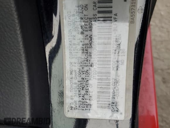 ✅ 2003 Toyota Celica GTS • VIN: JTDDY32T530066518 • Lot: 84340284. Listed on Copart with 190,882 mi. Free auction sales archive from the USA and detailed vehicle history report at DreamBid. Image 14.