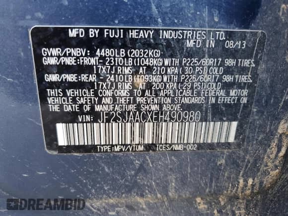 2014 Subaru Forester 2.5i with VIN JF2SJAACXEH490980, listed as a Copart auction lot 69687995 with 174,163 mi miles and Non repairable. Bid and sale history available at DreamBid. Image 13.