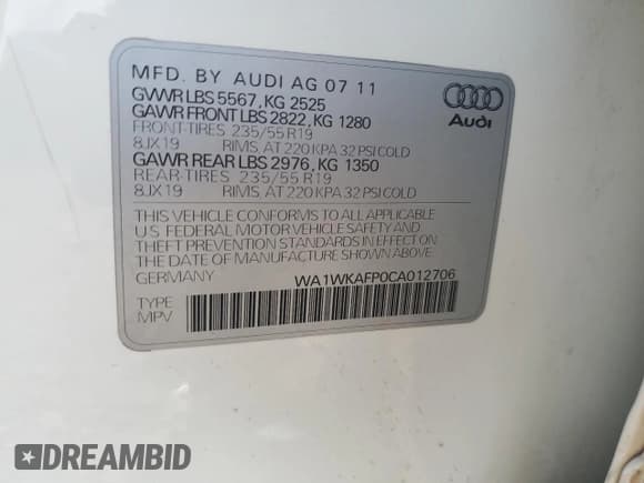 ✅ 2012 Audi Q5 Prestige • VIN: WA1WKAFP0CA012706 • Lot: 68139755. Wystawiony na Copart z przebiegiem 155 943 mil. Bezpłatny archiwum sprzedaży aukcyjnych z USA i szczegółowy raport historii pojazdu na DreamBid. Zdjęcie 14.