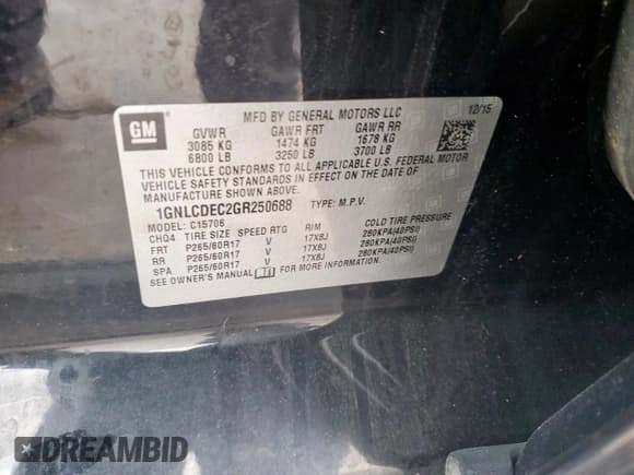 ✅ 2016 Chevrolet Tahoe Commercial • VIN: 1GNLCDEC2GR250688 • Lot: 59379905. Listed on Copart with 195,013 mi. Free auction sales archive from the USA and detailed vehicle history report at DreamBid. Image 13.