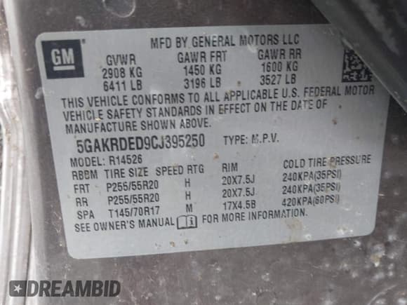 ✅ 2012 Buick Enclave Premium • VIN: 5GAKRDED9CJ395250 • Lot: 43739302. Listed on IAAI with 193,801 mi. Free auction sales archive from the USA and detailed vehicle history report at DreamBid. Image 9.