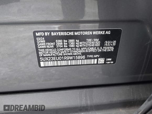 ✅ 2024 BMW X5 xDrive40i • VIN: 5UX23EU01R9W15896 • Lot: 43384419. Listed on IAAI with 12,737 mi. Free auction sales archive from the USA and detailed vehicle history report at DreamBid. Image 9.