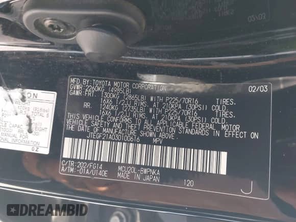 2003 Toyota Highlander with VIN JTEGF21A030100616, listed as a IAAI auction lot 42765529 with 175,705 mi miles and . Bid and sale history available at DreamBid. Image 9.