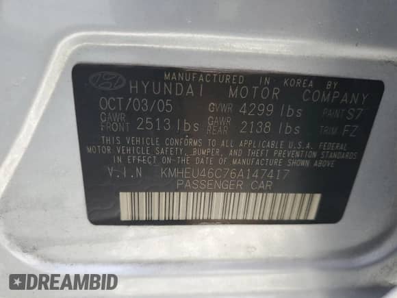 2006 Hyundai Sonata GLS с VIN KMHEU46C76A147417, выставлен на аукционе Copart как лот 74259444 с пробегом Не указан миль и Списание • Salvage title. История ставок и продаж доступна на DreamBid. Изображение 13.