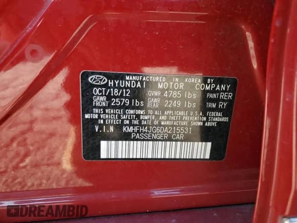 2013 Hyundai Azera с VIN KMHFH4JG6DA215531, выставлен на аукционе Copart как лот 45161515 с пробегом 95 575 миль миль и Списание • Salvage title. История ставок и продаж доступна на DreamBid. Изображение 12.