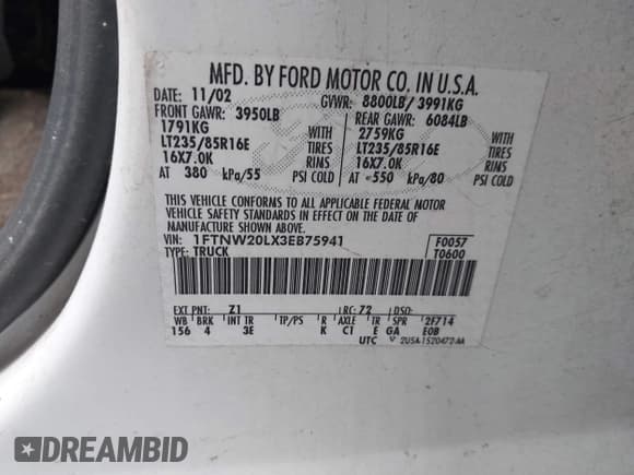 ✅ 2003 Ford F-250 XL • VIN: 1FTNW20LX3EB75941 • Lot: 43769068. Listed on IAAI with 171,942 mi. Free auction sales archive from the USA and detailed vehicle history report at DreamBid. Image 9.