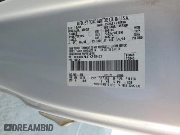 ✅ 2001 Ford F-150 XL • VIN: 1FTRX17L41KF48422 • Lot: 67605465. Listed on Copart with Not provided. Free auction sales archive from the USA and detailed vehicle history report at DreamBid. Image 12.