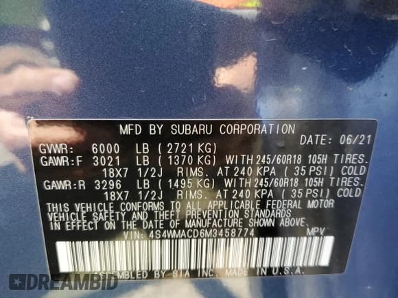 ✅ 2021 Subaru Ascent Premium • VIN: 4S4WMACD6M3458774 • Lot: 58930484. Wystawiony na Copart z przebiegiem 9 640 mil. Bezpłatny archiwum sprzedaży aukcyjnych z USA i szczegółowy raport historii pojazdu na DreamBid. Zdjęcie 14.