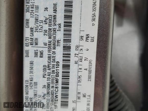 ✅ 2021 Ford F-150 XL • VIN: 1FTEW1C81MFB01109 • Lot: 45358275. Listed on Copart with 61,946 mi. Free auction sales archive from the USA and detailed vehicle history report at DreamBid. Image 13.