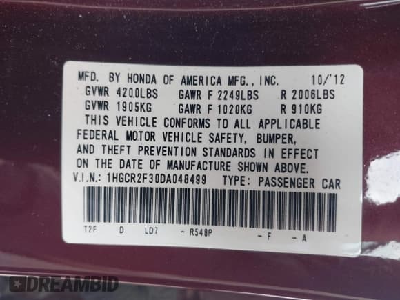 ✅ 2013 Honda Accord LX • VIN: 1HGCR2F30DA048499 • Lot: 43534517. Wystawiony na IAAI z przebiegiem 166 566 mil. Bezpłatny archiwum sprzedaży aukcyjnych z USA i szczegółowy raport historii pojazdu na DreamBid. Zdjęcie 9.