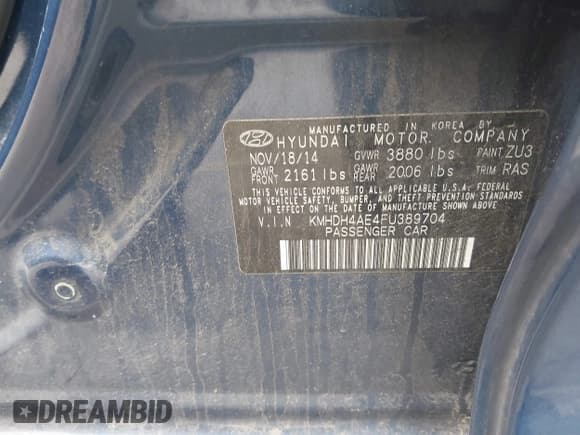 ✅ 2015 Hyundai Elantra SE • VIN: KMHDH4AE4FU389704 • Lot: 43702083. Listed on IAAI with 125,881 mi. Free auction sales archive from the USA and detailed vehicle history report at DreamBid. Image 9.