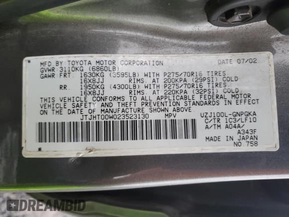 ✅ 2002 Lexus LX 470 • VIN: JTJHT00W023523130 • Лот: 90780255. Опубликован ранее на Copart с пробегом 186 676 миль. Бесплатный доступ к архиву аукционных продаж из США и подробный отчёт об истории автомобиля на DreamBid. Изображение 13.