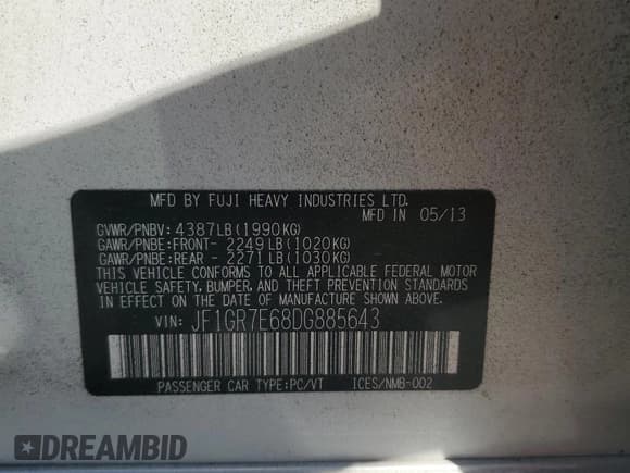 ✅ 2013 Subaru WRX WRX • VIN: JF1GR7E68DG885643 • Lot: 70914585. Listed on Copart with 104,549 mi. Free auction sales archive from the USA and detailed vehicle history report at DreamBid. Image 12.