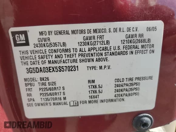 ✅ 2005 Buick Rendezvous • VIN: 3G5DA03EX5S570231 • Lot: 80634165. Listed on Copart with 192,654 mi. Free auction sales archive from the USA and detailed vehicle history report at DreamBid. Image 14.