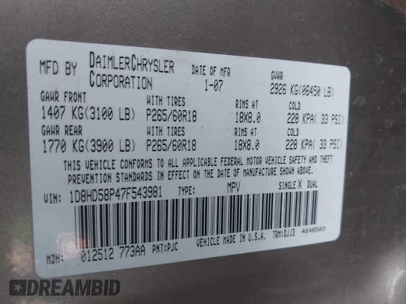 ✅ 2007 Dodge Durango • VIN: 1D8HD58P47F543981 • Лот: 43576464. Опубликован ранее на IAAI с пробегом 223 652 миль. Бесплатный доступ к архиву аукционных продаж из США и подробный отчёт об истории автомобиля на DreamBid. Изображение 9.