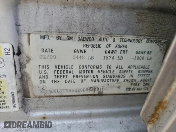 ✅ 2009 Chevrolet Aveo 1LT • VIN: KL1TD66E29B668561 • Lot: 94042235. Listed on Copart with Not provided. Free auction sales archive from the USA and detailed vehicle history report at DreamBid. Image 12.