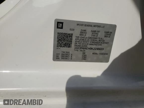 ✅ 2019 Chevrolet Silverado 1500 Work Truck • VIN: 1GCRWAEH0KZ245633 • Lot: 81625755. Wystawiony na Copart z przebiegiem 165 731 mil. Bezpłatny archiwum sprzedaży aukcyjnych z USA i szczegółowy raport historii pojazdu na DreamBid. Zdjęcie 12.