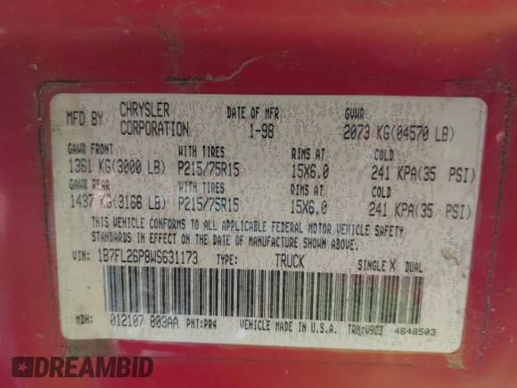 1998 Dodge Dakota z VIN 1B7FL26P8WS631173, wystawiony jako IAAI lot #42547950 z przebiegiem 199 137 mil mil oraz . Historia ofert i sprzedaży dostępna na DreamBid. Obrazek 9.