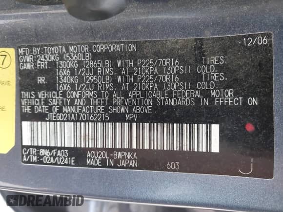 2007 Toyota Highlander z VIN JTEGD21A170162215, wystawiony jako IAAI lot #43051611 z przebiegiem 225 261 mil mil oraz . Historia ofert i sprzedaży dostępna na DreamBid. Obrazek 9.