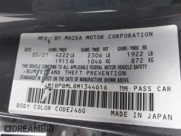 ✅ 2021 Mazda 3 Premium • VIN: JM1BPBML8M1344616 • Лот: 41715583. Опубликован ранее на IAAI с пробегом 44 457 миль. Бесплатный доступ к архиву аукционных продаж из США и подробный отчёт об истории автомобиля на DreamBid. Изображение 9.