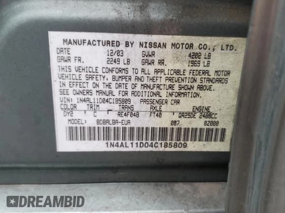 ✅ 2004 Nissan Altima S • VIN: 1N4AL11D04C185809 • Lot: 82370455. Listed on Copart with Not provided. Free auction sales archive from the USA and detailed vehicle history report at DreamBid. Image 12.